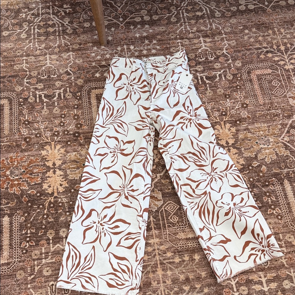 Floral Wide Leg Jeans - Cream and Brown